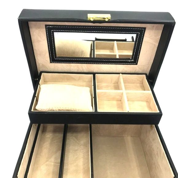 Songmics Leather Travel 3 Tier Fold Out Locking Jewelry Box Mirror & Handle Blk - Picture 2 of 16